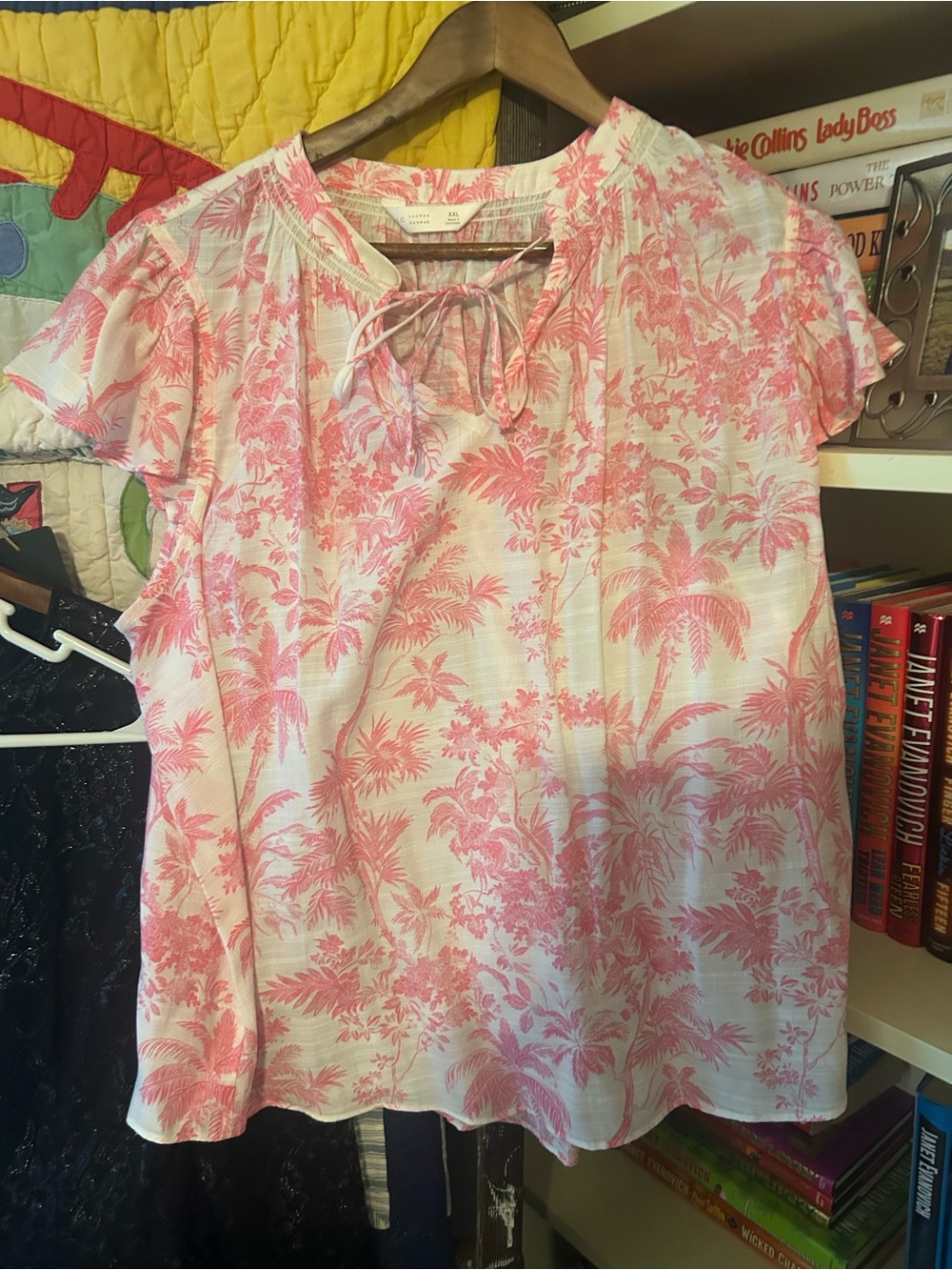 LC Lauren Conrad Pink Tropical Tie-Front Short Sleeve Blouse